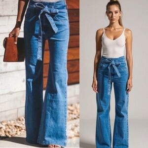 Jealous Tomato Retro Boho High Waisted Wide Leg Denim Flare Jeans w/Belt